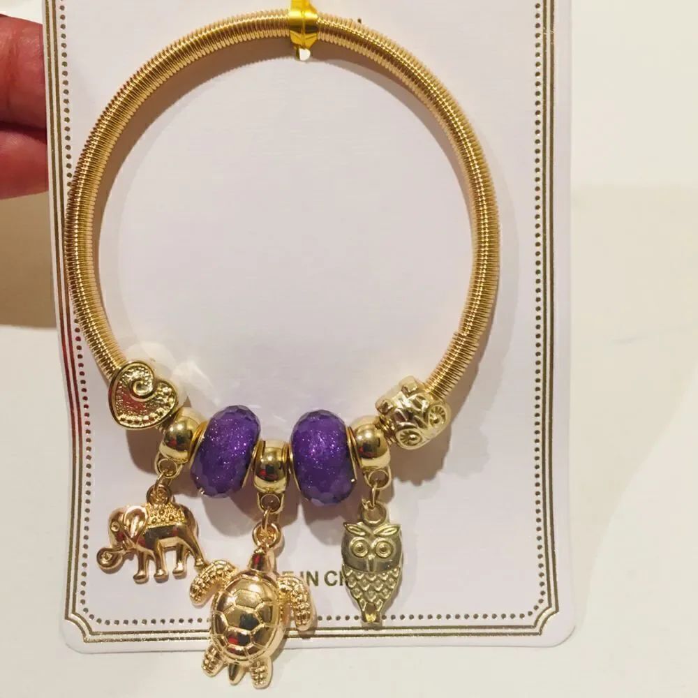 “Ellie” Gold Elephant Purple Beaded Coil Charm Bracelet Stretch